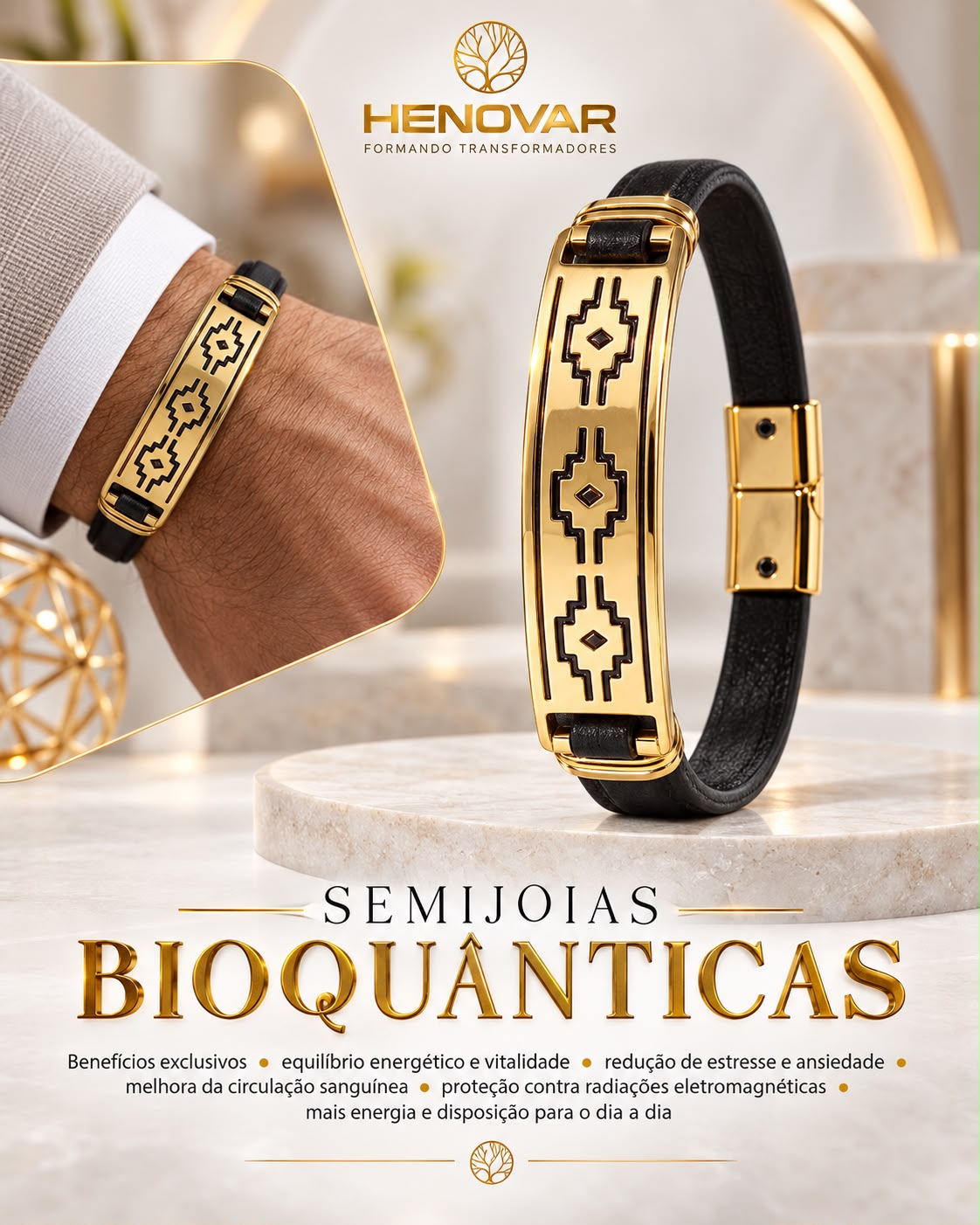 JÓIA BIOQUÂNTICA CRAVEJADO PRETA COM DOURADO